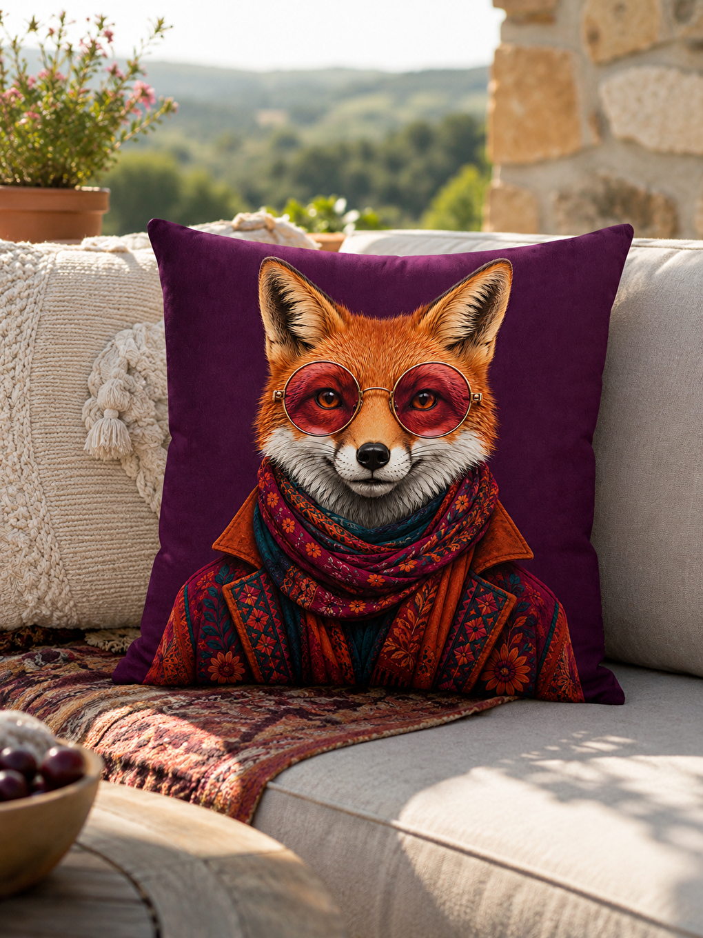 Mor Zeminli Hayvan Portreli Dekoratif Kırlent Kılıfı 43x43 Cm Bohem Modern Dekor-5