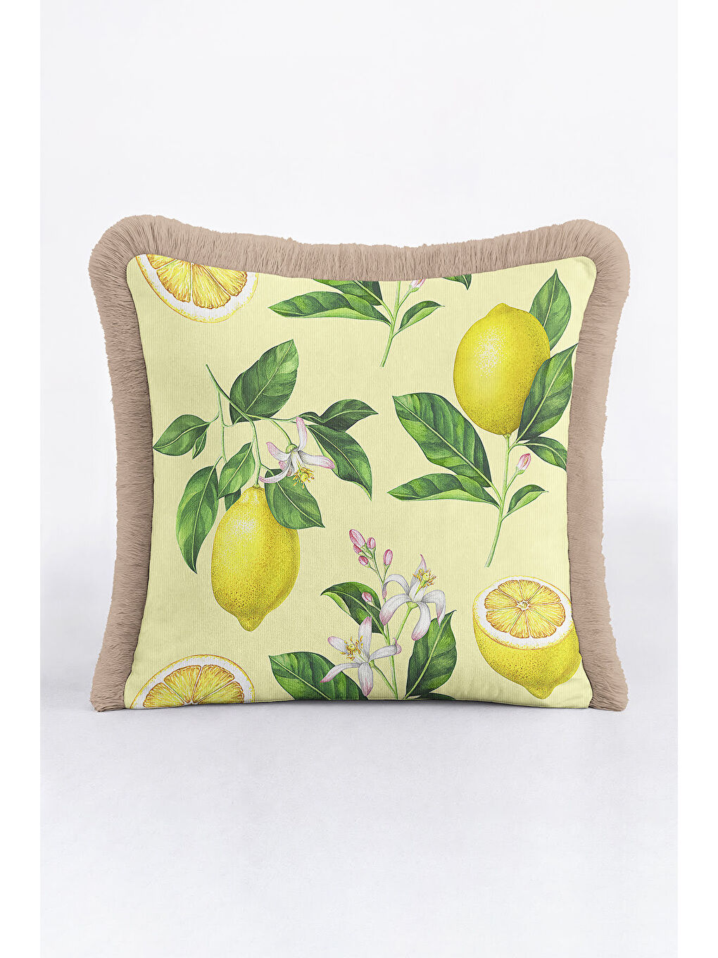 Karışık Limon Çiçek Bahçesi Saçaklı Yastık Kılıfı - Akdeniz Tema Sarı Yeşil Rustik Püsküllü Kırlent Kılıfı-4