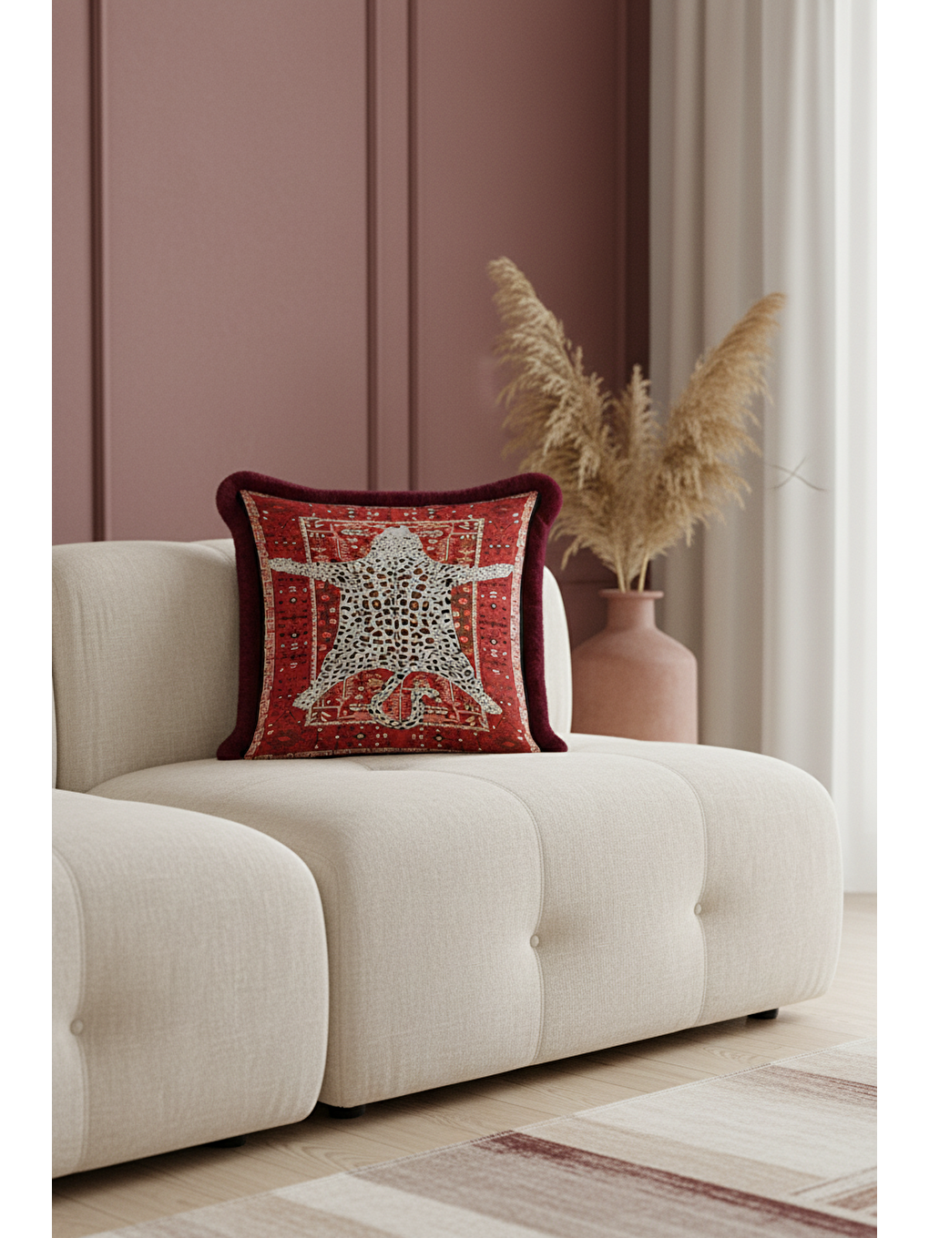 Karışık Lüks Leopar Halı Motifli Saçaklı Yastık Kılıfı - Vintage Bohem Kırmızı Gold Püsküllü Kırlent Kılıfı-2