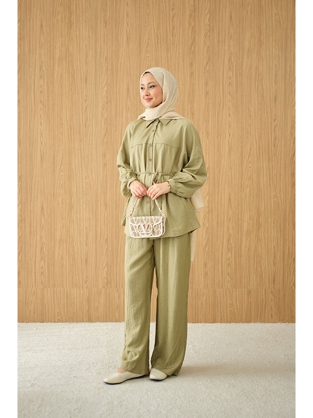 Kadın Kırışık Desen Bel Bağlamalı Gömlek Yaka Takım Yeşil-4