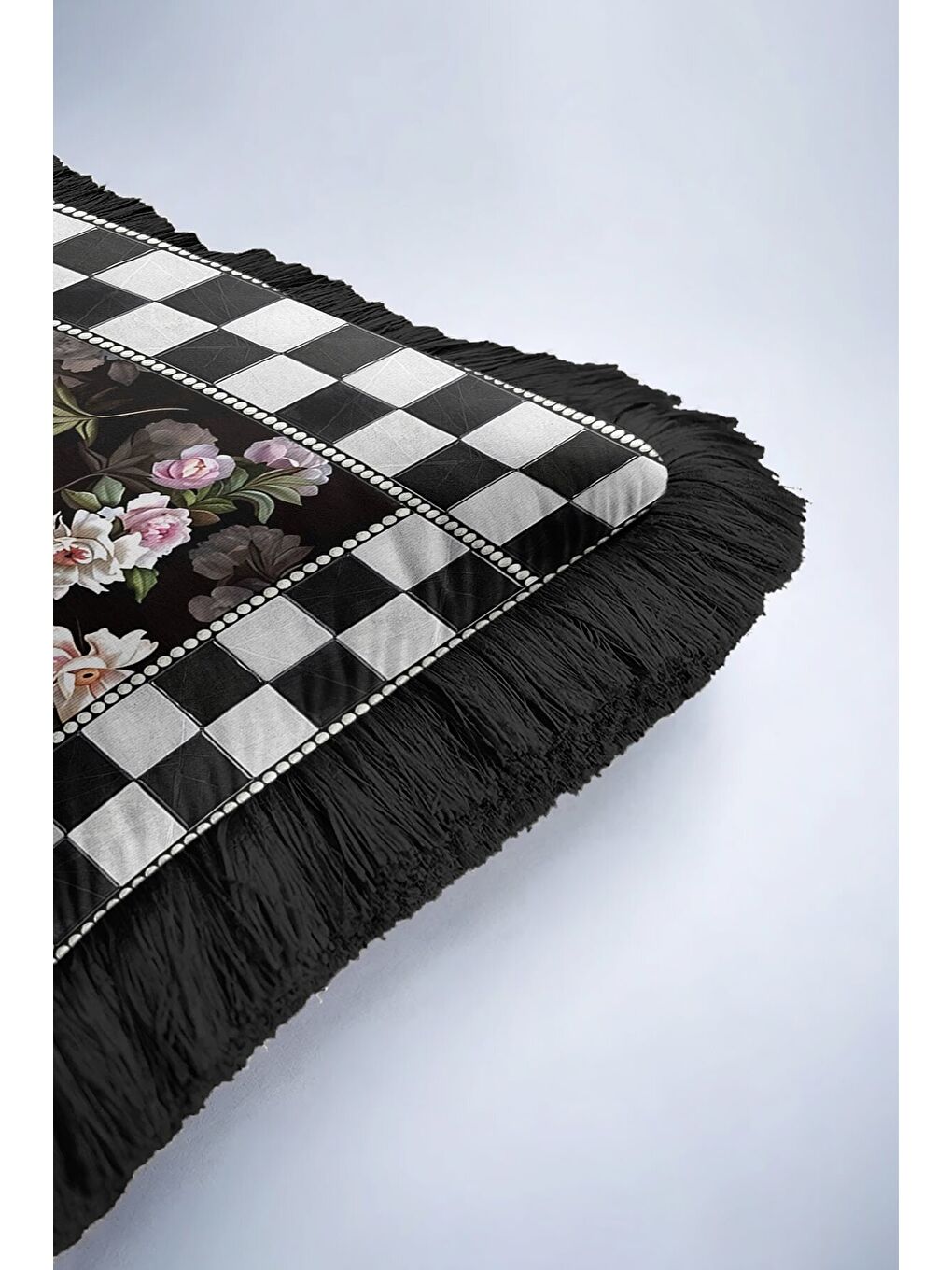 Karışık Lüks Çiçekli Saçaklı Yastık Kılıfı - Romantik Vintage Siyah Püsküllü Kırlent Kılıfı-6