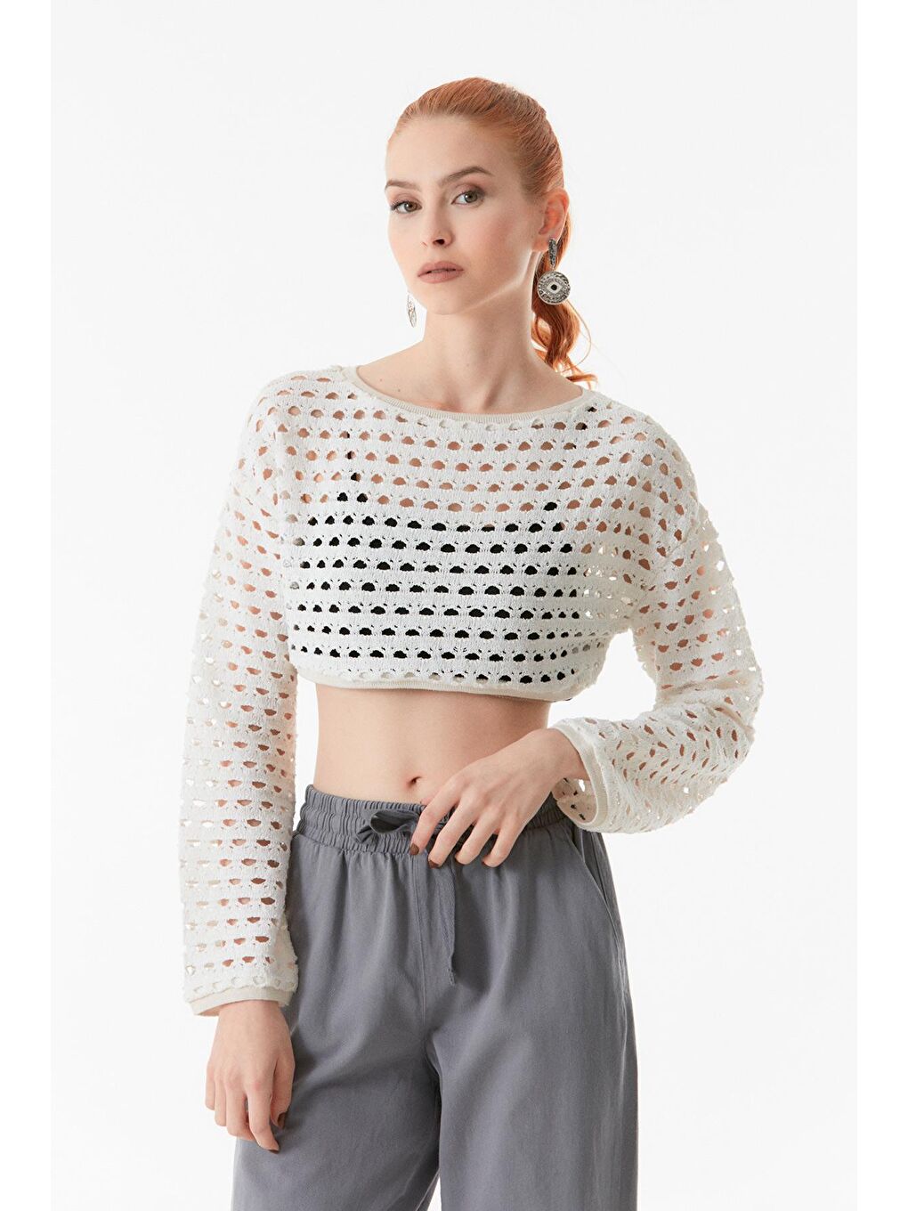Ekru Ajurlu Bisiklet Yaka Crop Bluz