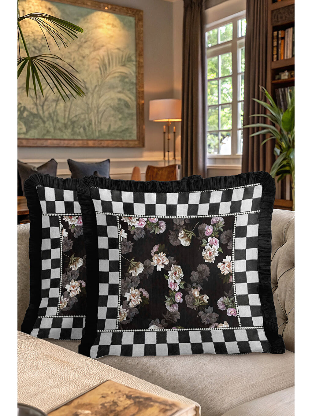 Karışık Lüks Çiçekli Saçaklı Yastık Kılıfı - Romantik Vintage Siyah Püsküllü Kırlent Kılıfı-7