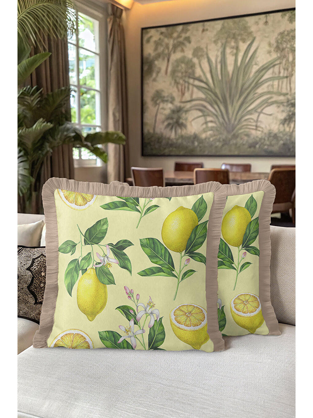 Karışık Limon Çiçek Bahçesi Saçaklı Yastık Kılıfı - Akdeniz Tema Sarı Yeşil Rustik Püsküllü Kırlent Kılıfı-5