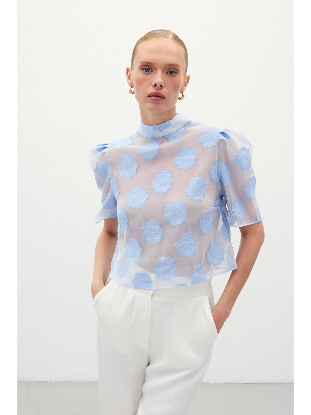 Organze Kısa Kol Bluz - Mavi-1