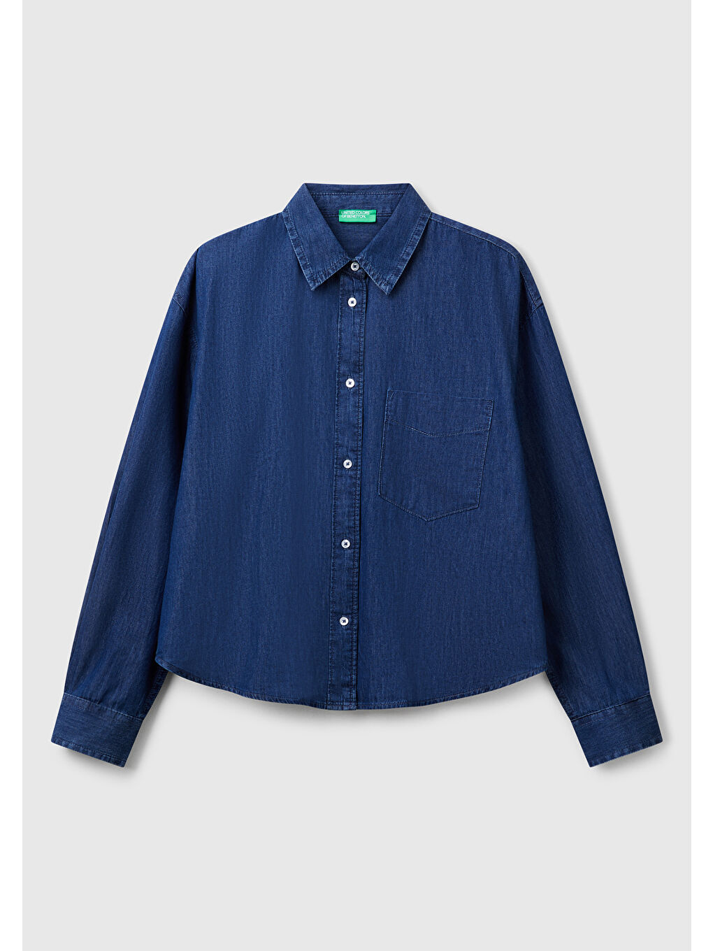 United Colors Of Benetton Kadın Koyu Mavi %100 Pamuk Göğüs Cepli Yanları Yuvarlak Kesimli Denim Gömlek - 1