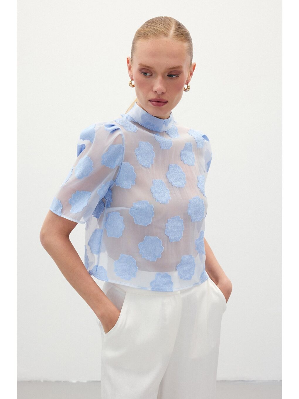 Organze Kısa Kol Bluz - Mavi-2