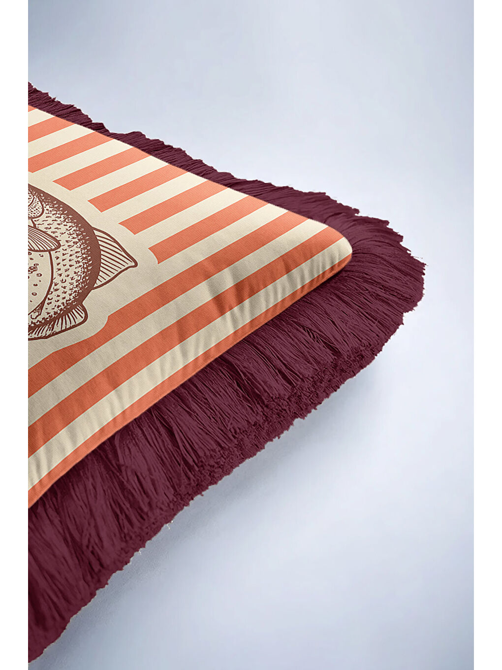 Karışık Vintage Balık Çizimli Saçaklı Yastık Kılıfı - Deniz Temalı Retro Kırmızı Püsküllü Kırlent Kılıfı-6