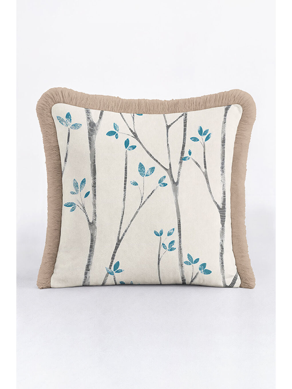 Karışık Doğal Ağaç Dallı Saçaklı Yastık Kılıfı - Modern Mavi Gri Bej Püsküllü Kırlent Kılıfı-2