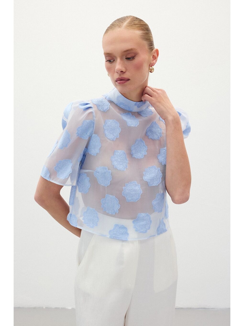 Organze Kısa Kol Bluz - Mavi-3