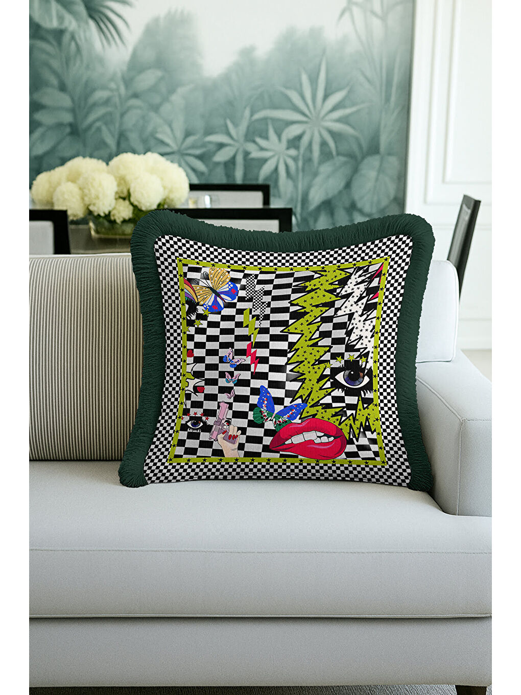 Karışık Pop Art Geometrik Saçaklı Yastık Kılıfı - Punk Enerjisi Bohem Siyah Yeşil Püsküllü Kırlent Kılıfı-1
