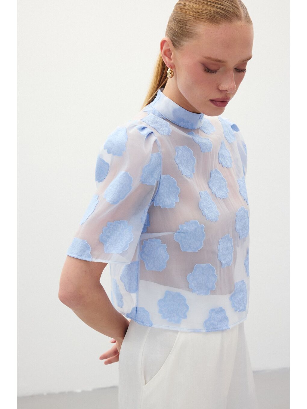 Organze Kısa Kol Bluz - Mavi-4