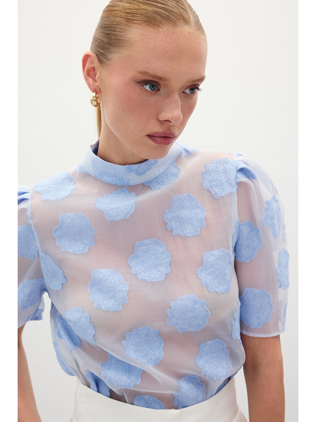 Organze Kısa Kol Bluz - Mavi-5