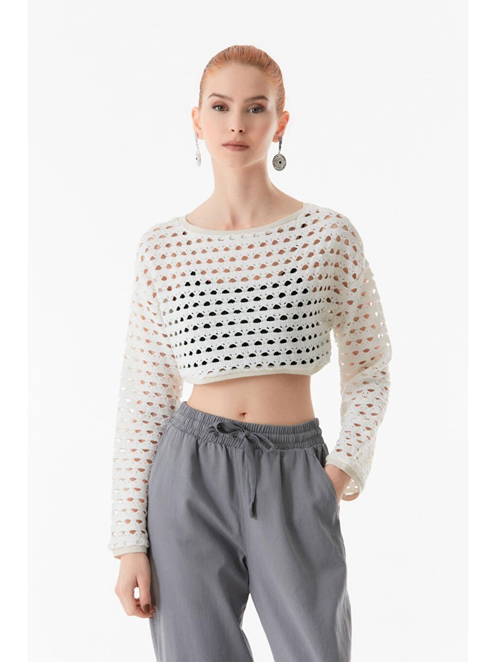 Ekru Ajurlu Bisiklet Yaka Crop Bluz-1