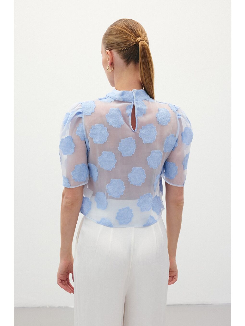 Organze Kısa Kol Bluz - Mavi-6