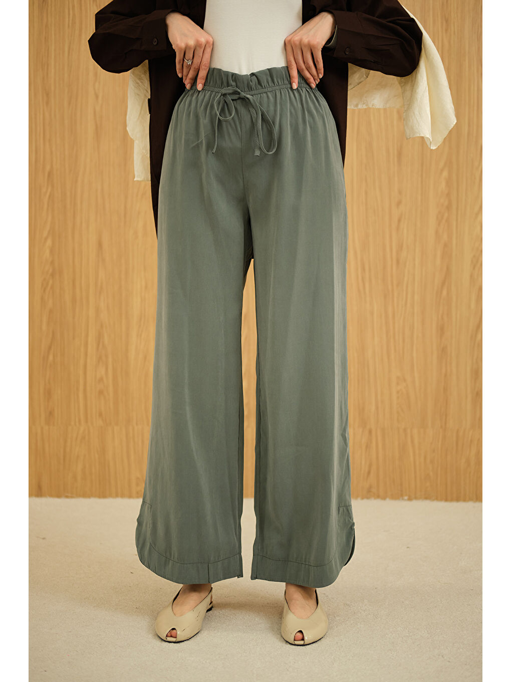 Kadın Beli Lastikli Pantolon Koyu Yeşil