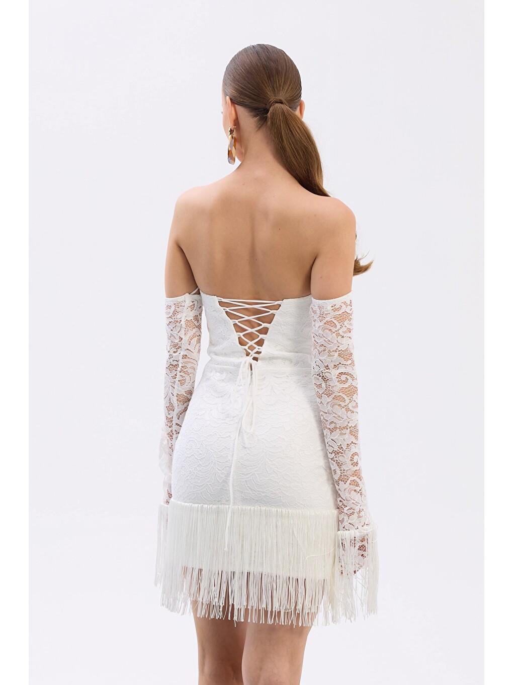 Beyaz Püsküllü Eldivenli After Party Elbisesi-5