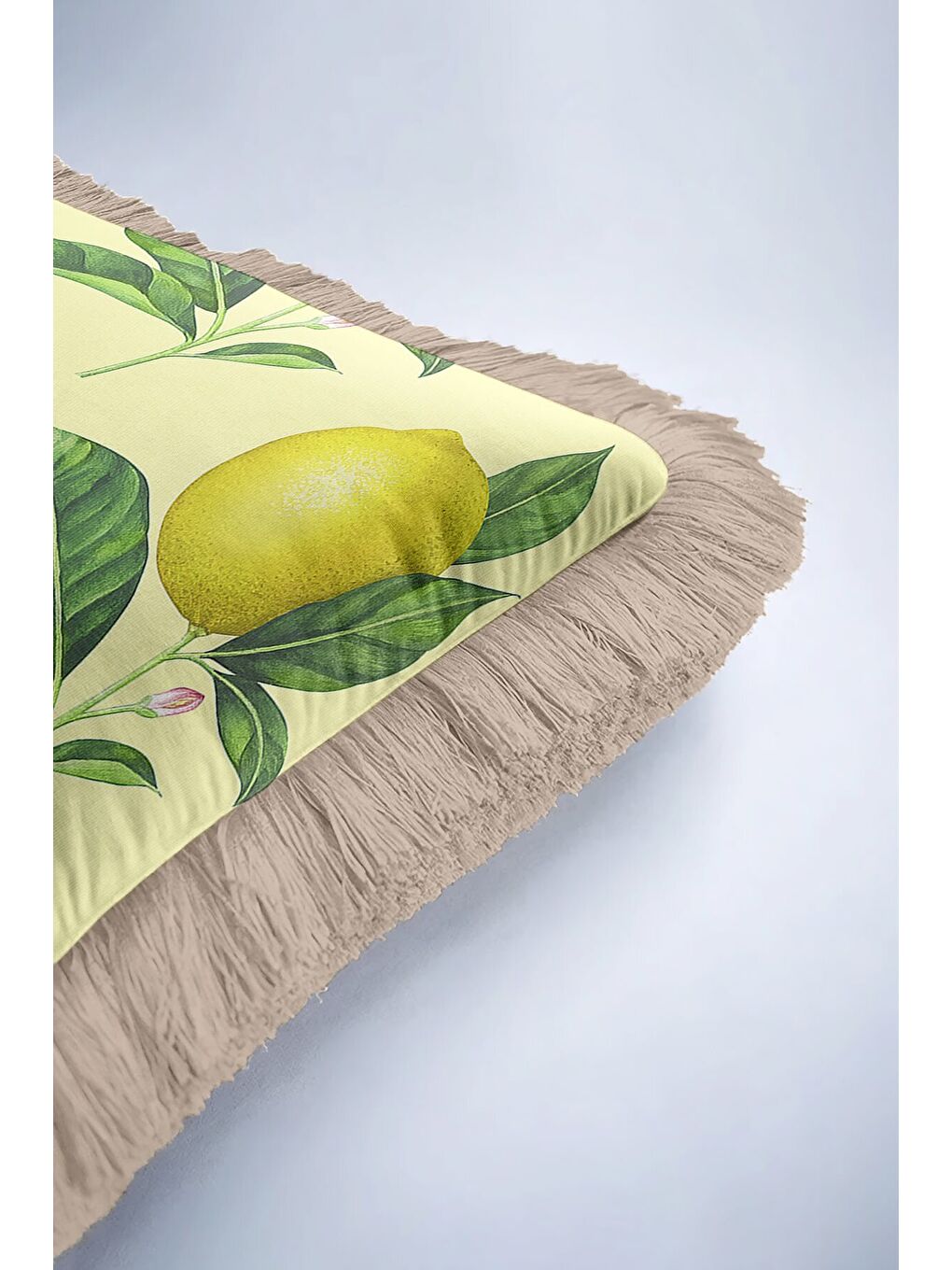 Karışık Limon Çiçek Bahçesi Saçaklı Yastık Kılıfı - Akdeniz Tema Sarı Yeşil Rustik Püsküllü Kırlent Kılıfı-6