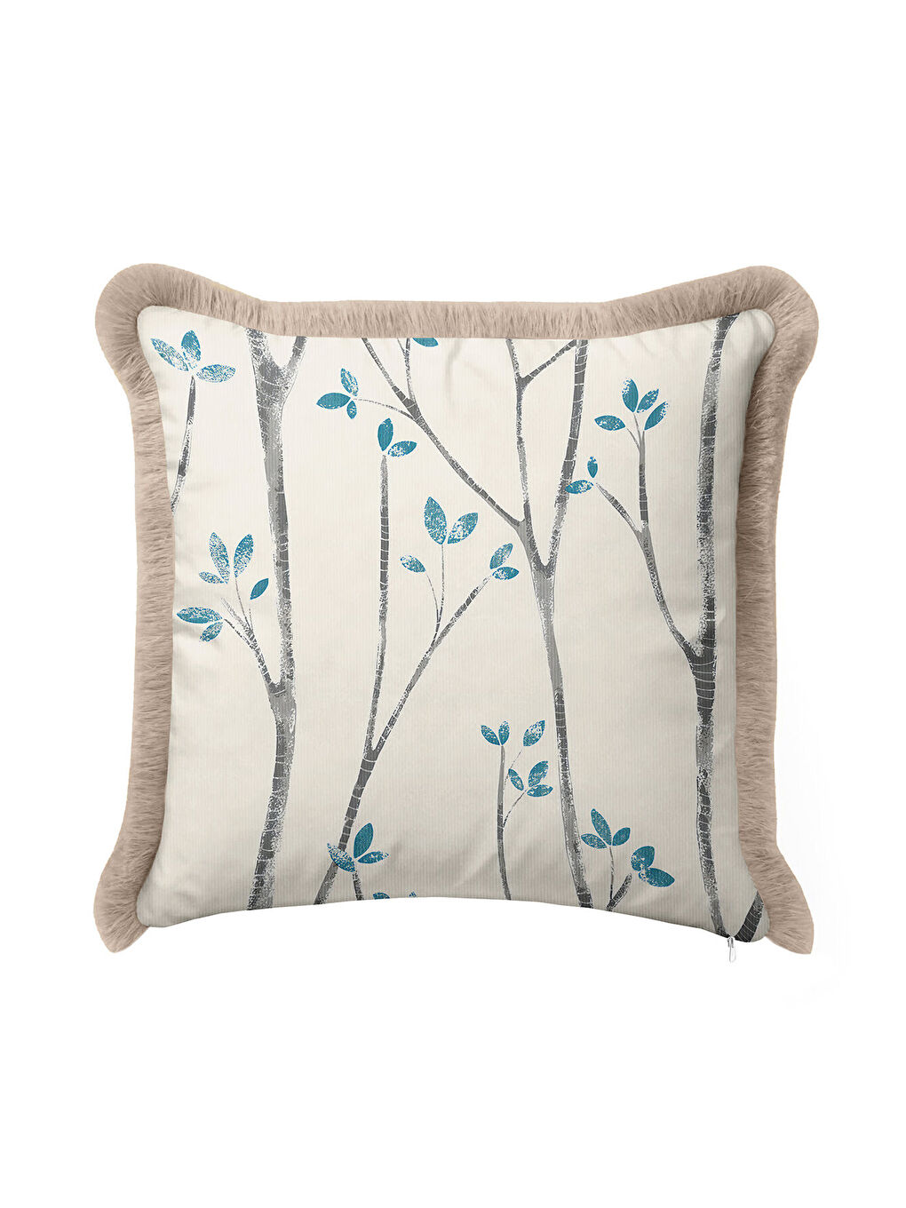 Karışık Doğal Ağaç Dallı Saçaklı Yastık Kılıfı - Modern Mavi Gri Bej Püsküllü Kırlent Kılıfı-3