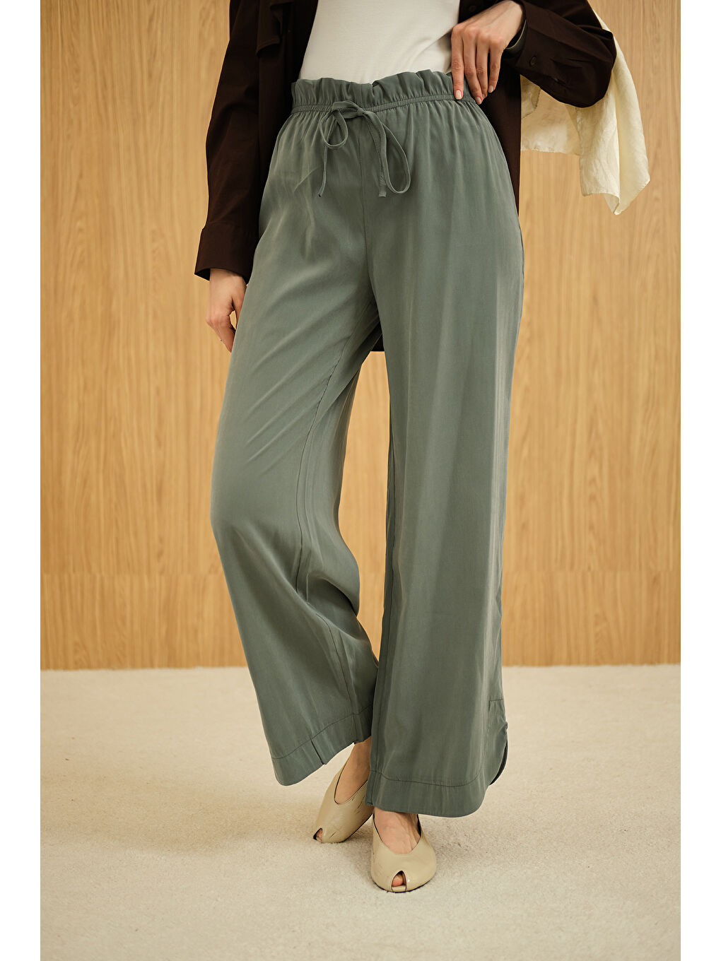 Kadın Beli Lastikli Pantolon Koyu Yeşil-1