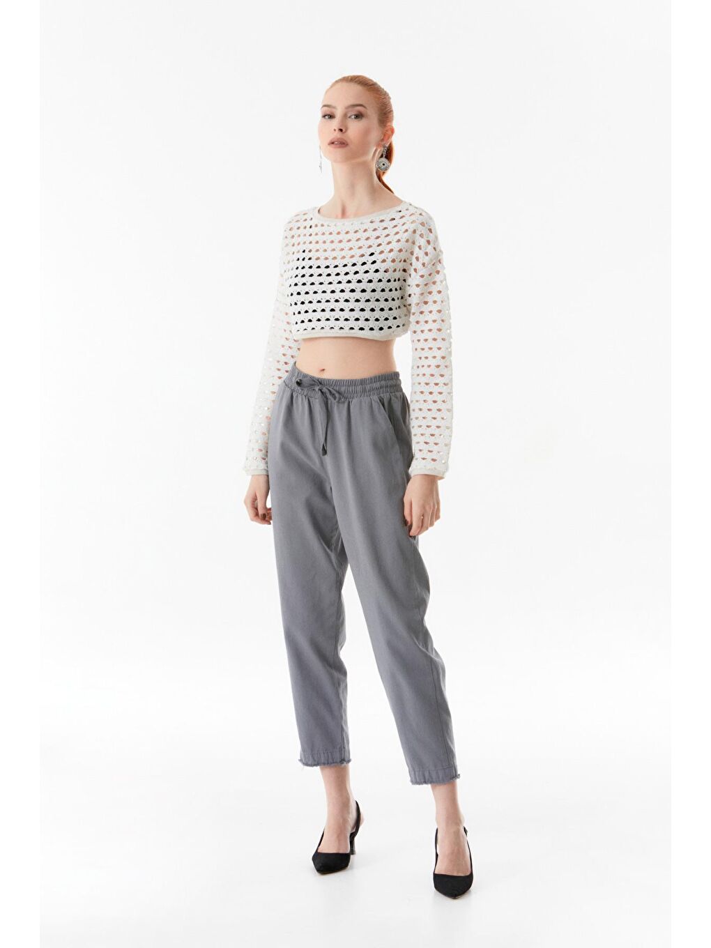 Ekru Ajurlu Bisiklet Yaka Crop Bluz-2