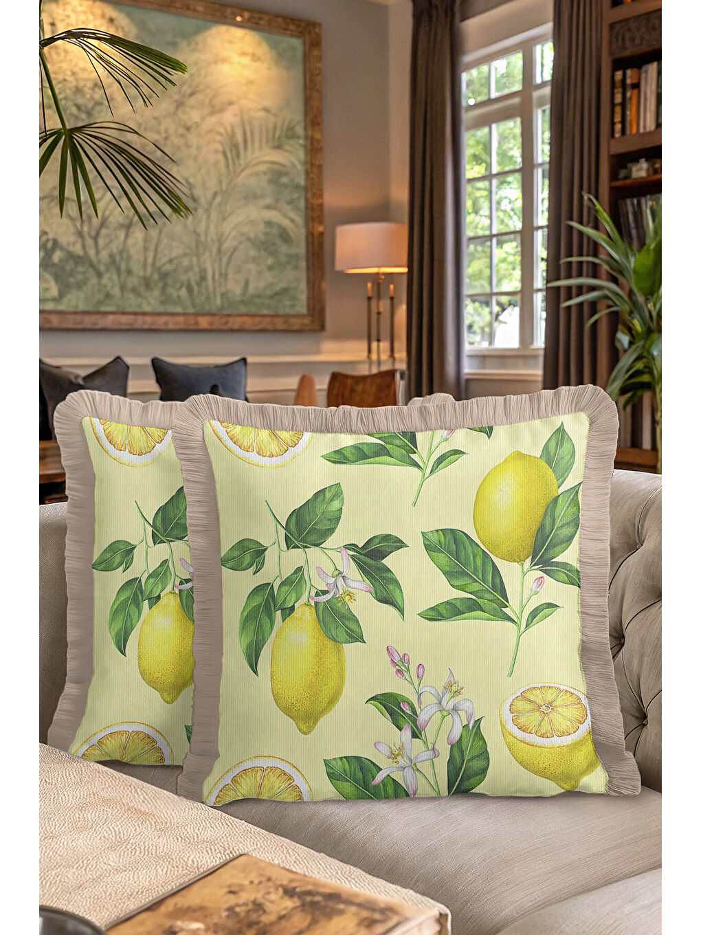 Karışık Limon Çiçek Bahçesi Saçaklı Yastık Kılıfı - Akdeniz Tema Sarı Yeşil Rustik Püsküllü Kırlent Kılıfı-7