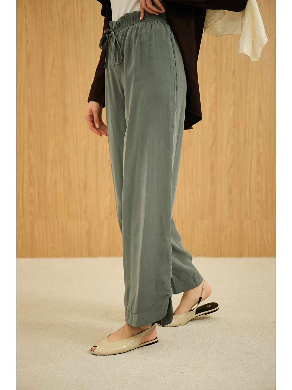 Kadın Beli Lastikli Pantolon Koyu Yeşil-2