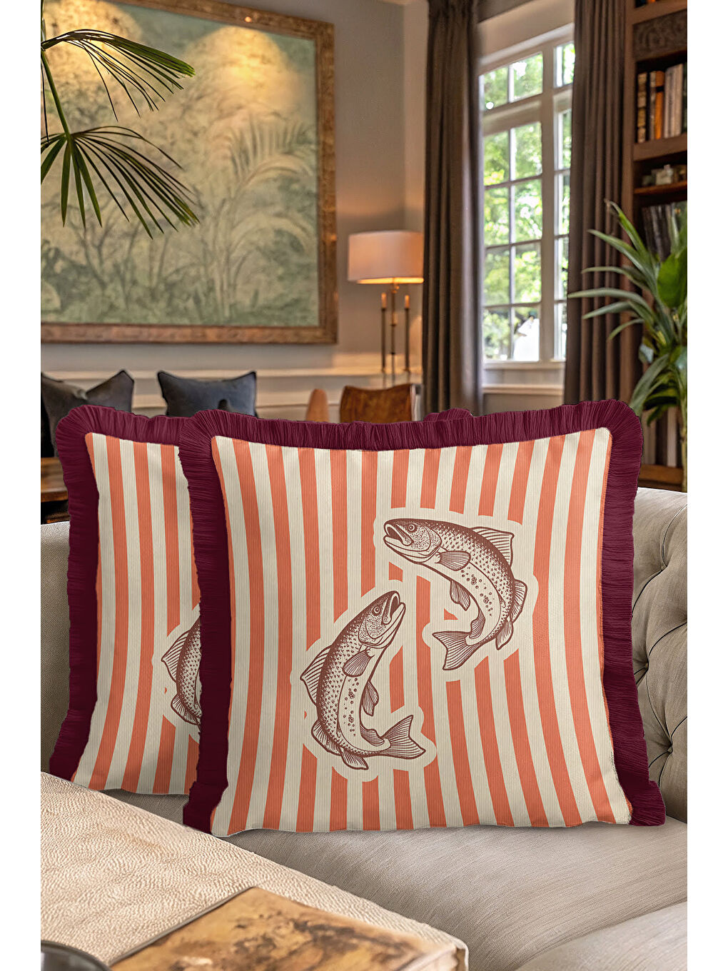 Karışık Vintage Balık Çizimli Saçaklı Yastık Kılıfı - Deniz Temalı Retro Kırmızı Püsküllü Kırlent Kılıfı-7