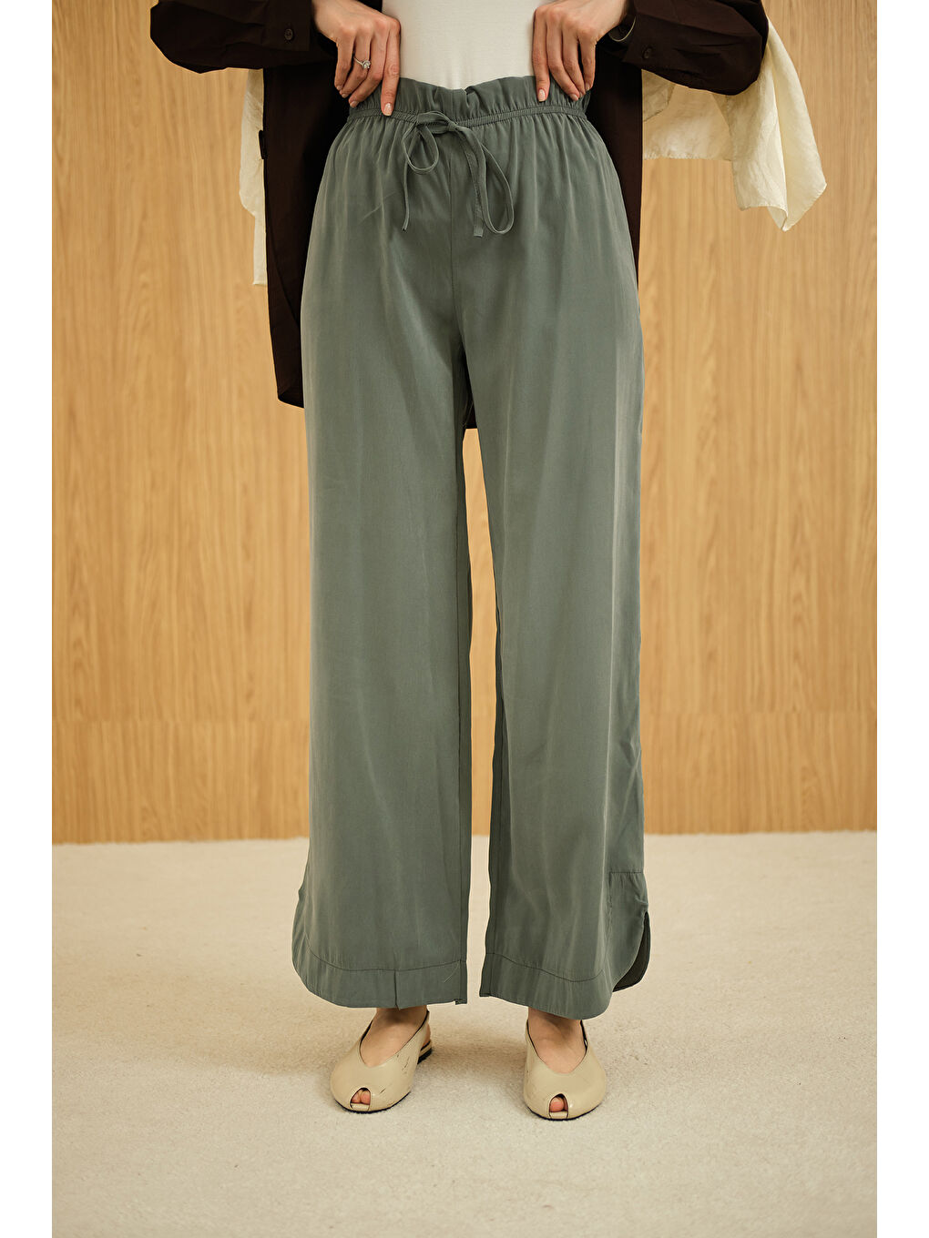 Kadın Beli Lastikli Pantolon Koyu Yeşil-3