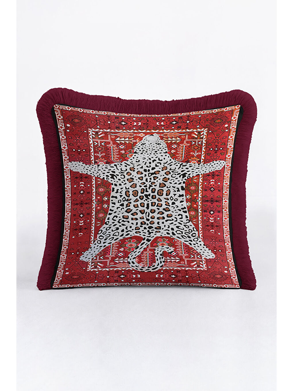 Karışık Lüks Leopar Halı Motifli Saçaklı Yastık Kılıfı - Vintage Bohem Kırmızı Gold Püsküllü Kırlent Kılıfı-3