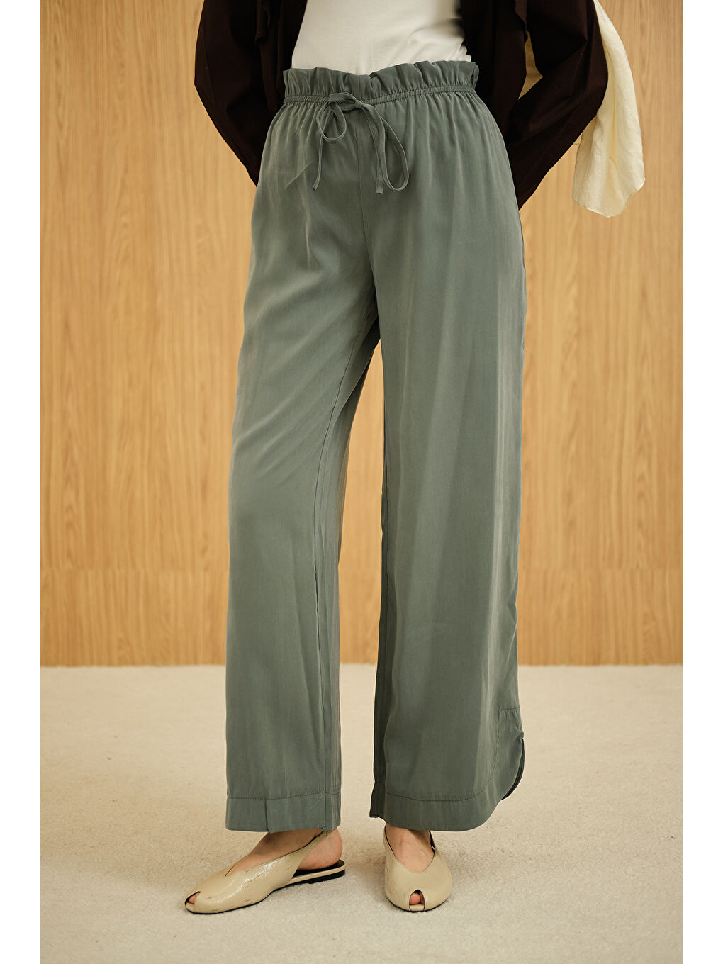 Kadın Beli Lastikli Pantolon Koyu Yeşil-4