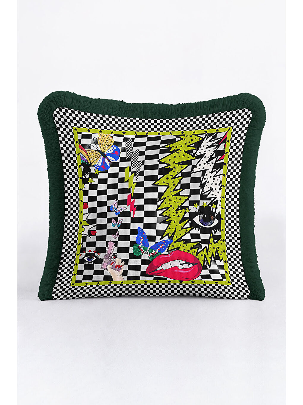 Karışık Pop Art Geometrik Saçaklı Yastık Kılıfı - Punk Enerjisi Bohem Siyah Yeşil Püsküllü Kırlent Kılıfı-2