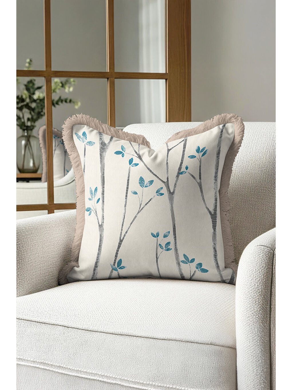 Karışık Doğal Ağaç Dallı Saçaklı Yastık Kılıfı - Modern Mavi Gri Bej Püsküllü Kırlent Kılıfı-4