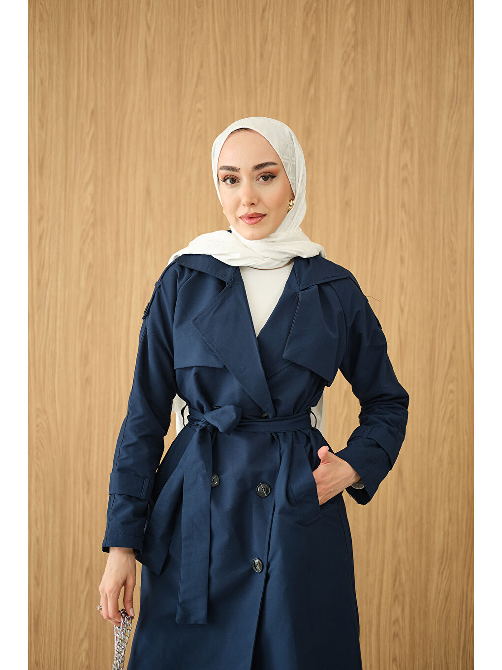 Kadın Omuz Düğme Detay Kruvaze Yaka Midi Boy Trenç Lacivert-2