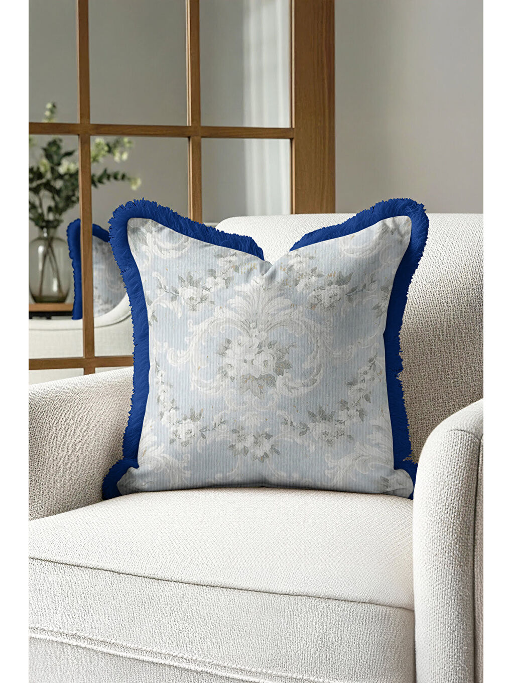Karışık Barok Saray Motifli Saçaklı Yastık Kılıfı - Zarif Klasik Mavi Gri Rustik Püsküllü Kırlent Kılıfı