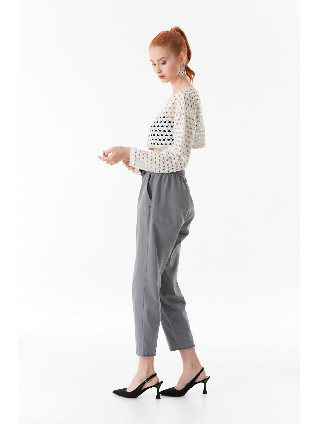 Ekru Ajurlu Bisiklet Yaka Crop Bluz-4