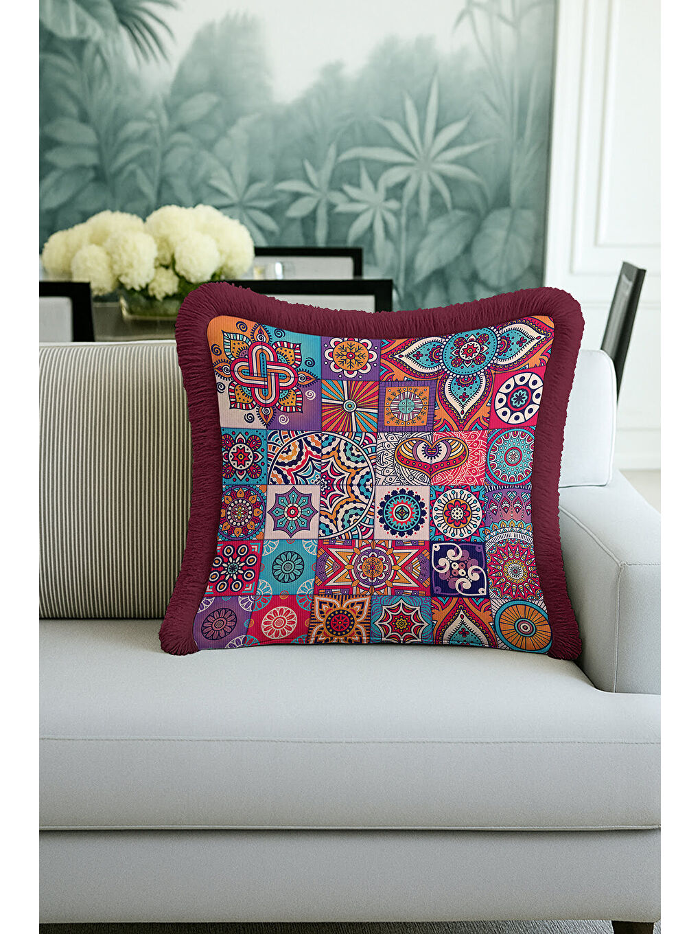 Karışık Etnik Mozaik Renkli Saçaklı Yastık Kılıfı - Mandala Bohem Mor Turkuaz Püsküllü Kırlent Kılıfı-1