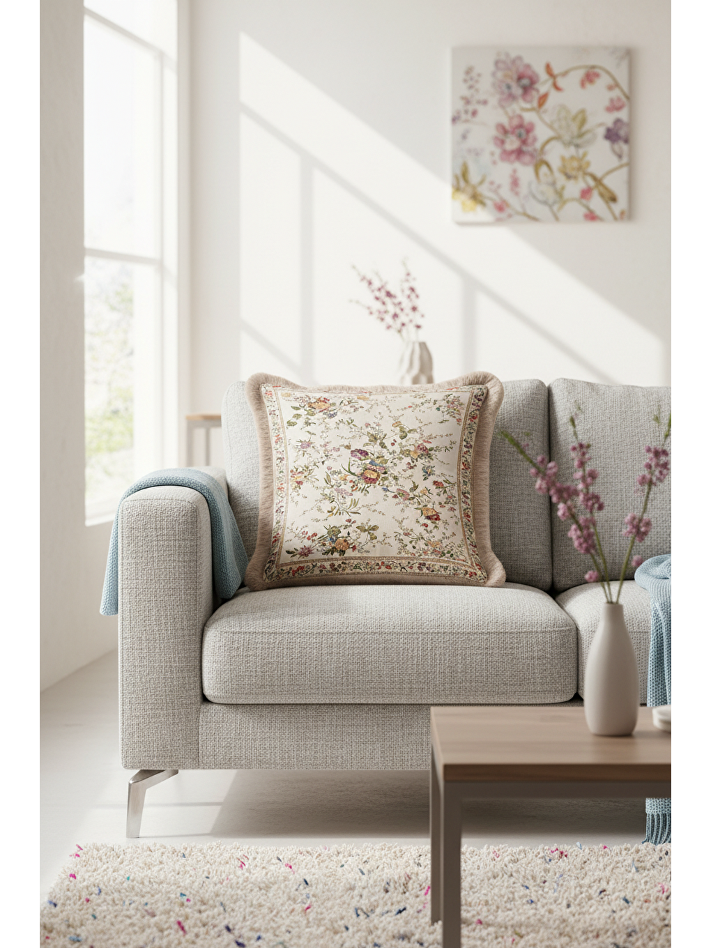 Karışık Zarif Vintage Çiçekli Saçaklı Yastık Kılıfı - Krem Klasik Country Bej Püsküllü Kırlent Kılıfı-1