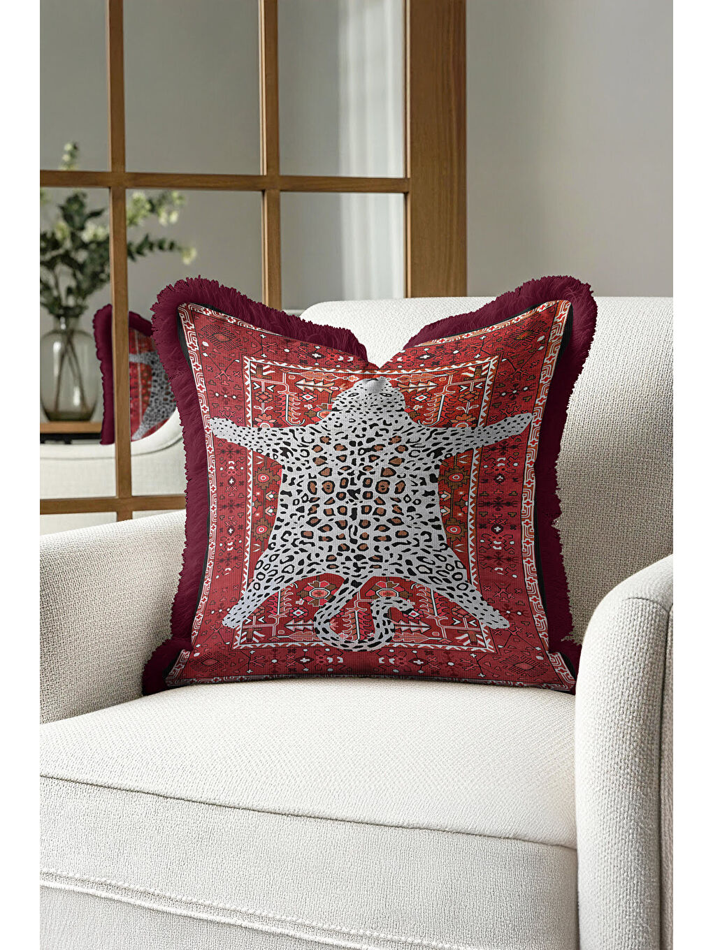 Karışık Lüks Leopar Halı Motifli Saçaklı Yastık Kılıfı - Vintage Bohem Kırmızı Gold Püsküllü Kırlent Kılıfı-4