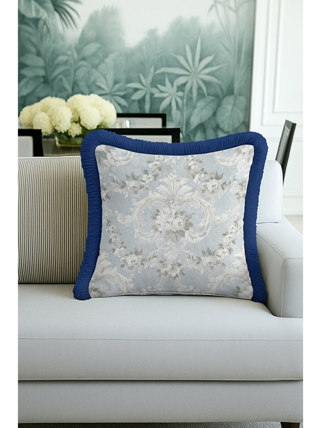 Karışık Barok Saray Motifli Saçaklı Yastık Kılıfı - Zarif Klasik Mavi Gri Rustik Püsküllü Kırlent Kılıfı-1