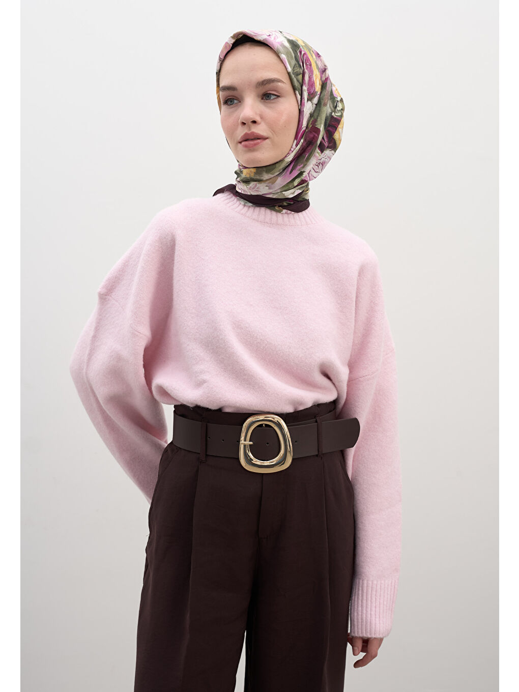 Rose Breeze Desen Pamuklu Viskon Eşarp Mürdüm-1