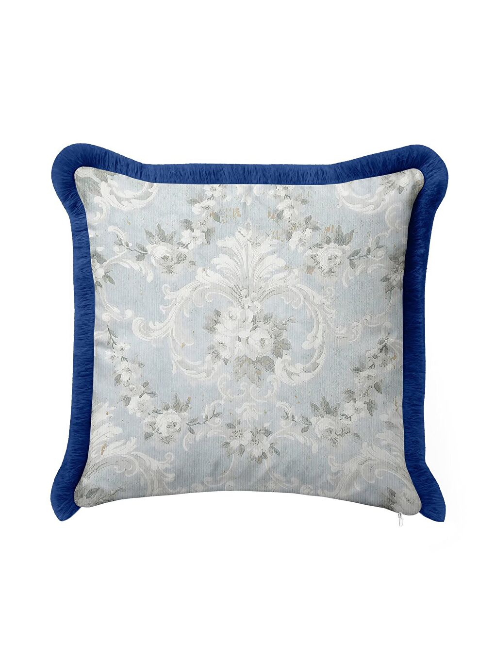Karışık Barok Saray Motifli Saçaklı Yastık Kılıfı - Zarif Klasik Mavi Gri Rustik Püsküllü Kırlent Kılıfı-2