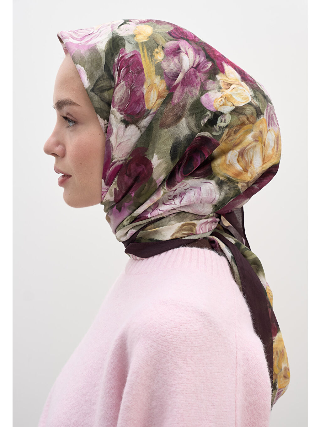 Rose Breeze Desen Pamuklu Viskon Eşarp Mürdüm-2