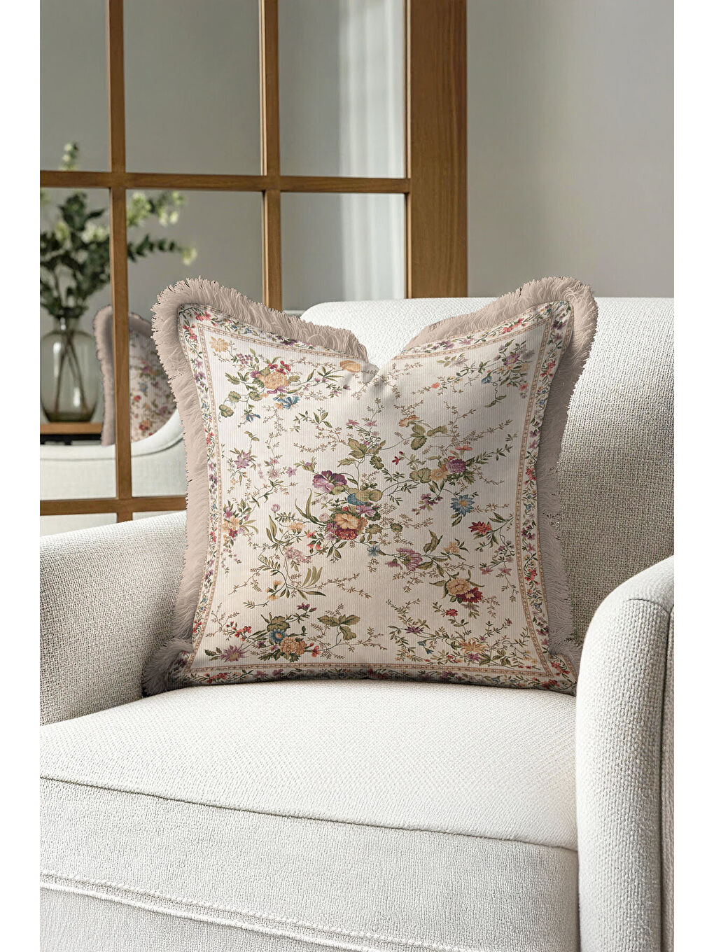 Karışık Zarif Vintage Çiçekli Saçaklı Yastık Kılıfı - Krem Klasik Country Bej Püsküllü Kırlent Kılıfı-2