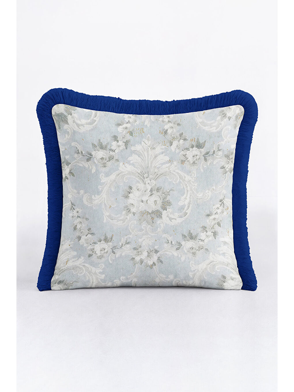 Karışık Barok Saray Motifli Saçaklı Yastık Kılıfı - Zarif Klasik Mavi Gri Rustik Püsküllü Kırlent Kılıfı-3