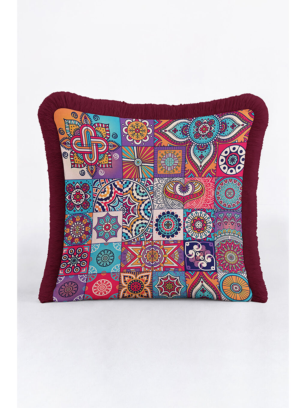 Karışık Etnik Mozaik Renkli Saçaklı Yastık Kılıfı - Mandala Bohem Mor Turkuaz Püsküllü Kırlent Kılıfı-2