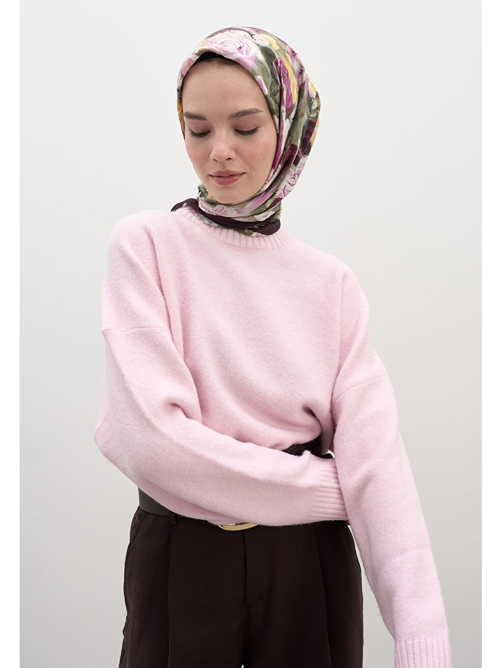 Rose Breeze Desen Pamuklu Viskon Eşarp Mürdüm-3