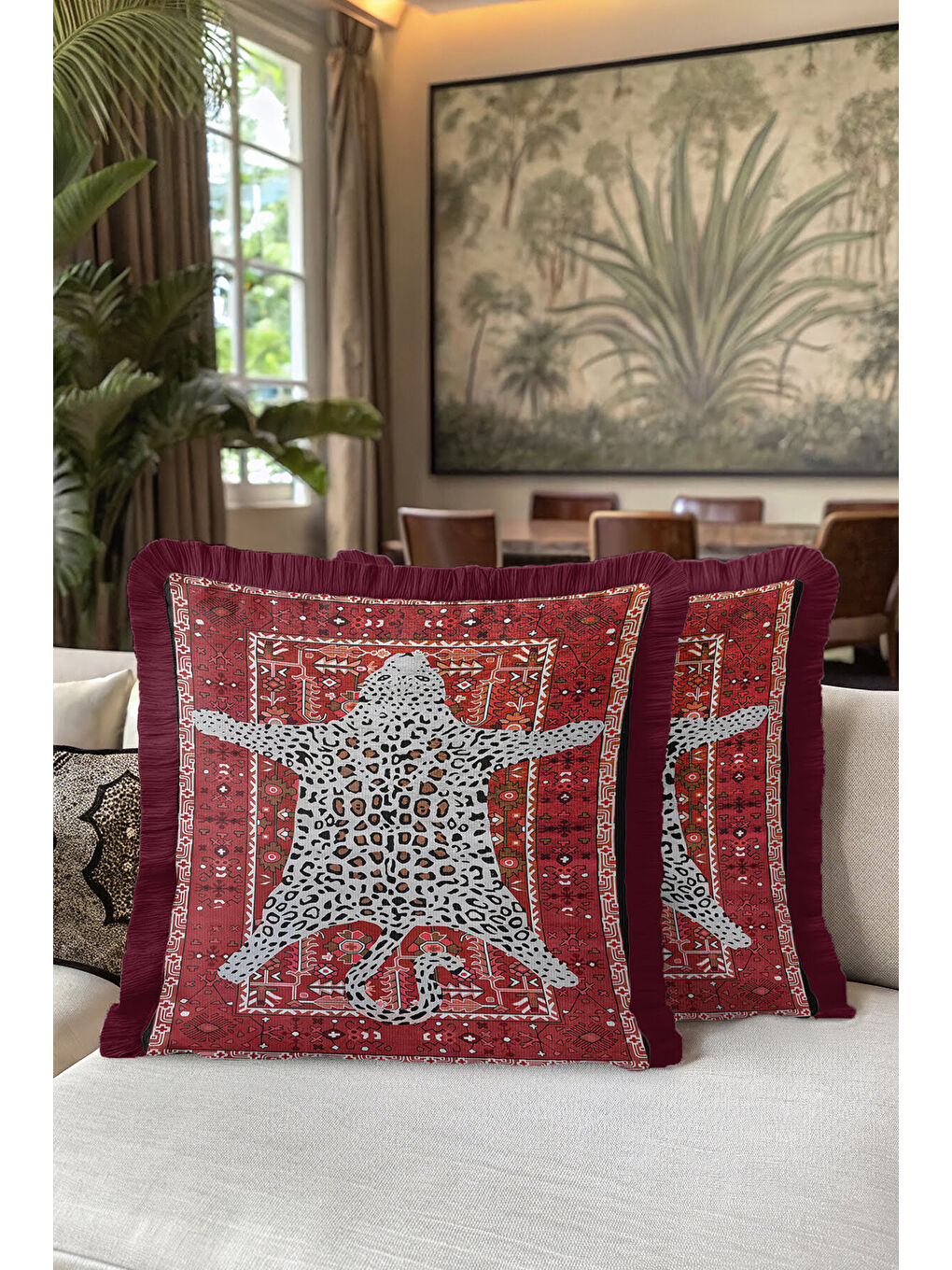 Karışık Lüks Leopar Halı Motifli Saçaklı Yastık Kılıfı - Vintage Bohem Kırmızı Gold Püsküllü Kırlent Kılıfı-5