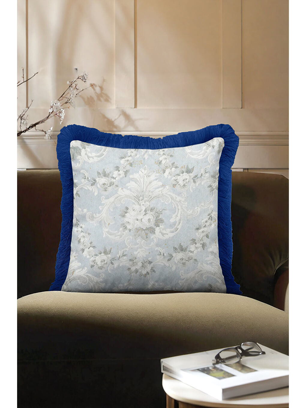 Karışık Barok Saray Motifli Saçaklı Yastık Kılıfı - Zarif Klasik Mavi Gri Rustik Püsküllü Kırlent Kılıfı-4