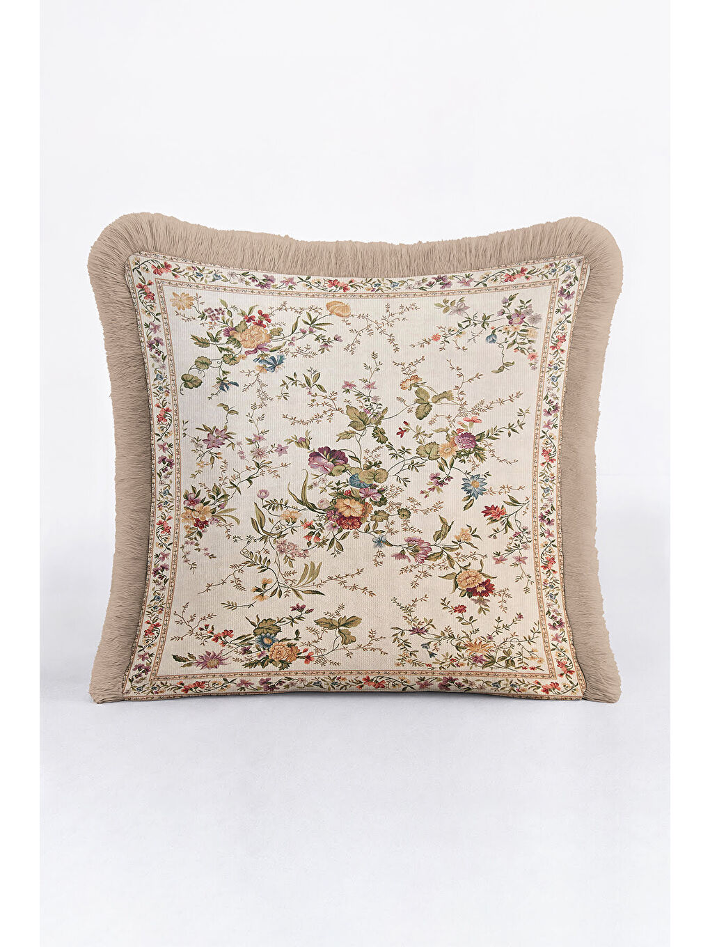 Karışık Zarif Vintage Çiçekli Saçaklı Yastık Kılıfı - Krem Klasik Country Bej Püsküllü Kırlent Kılıfı-3
